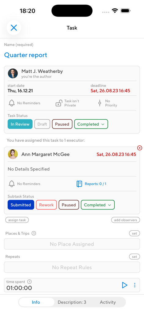 Interfaccia dell'app Projecto che visualizza i dettagli dei compiti e la delega del team
