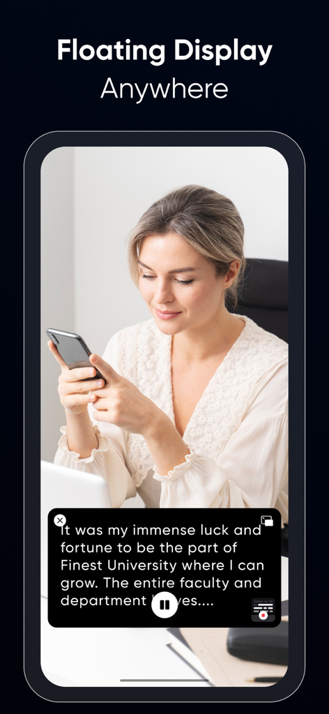 Teleprompter for Video ۬ - A woman using the floating display feature of the teleprompter app to read a script on her smartphone