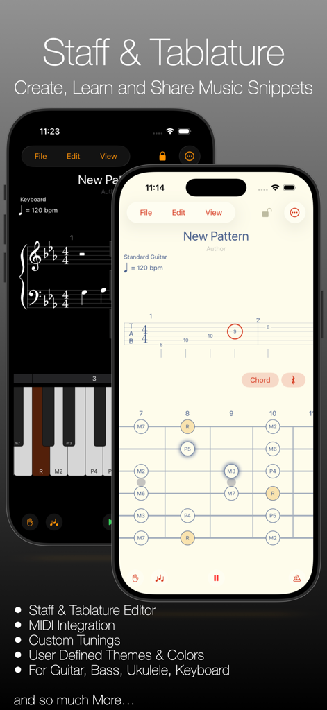 Scale-Up! - Scale-Up app interface showing staff and tablature for guitar and keyboard with light and dark themes