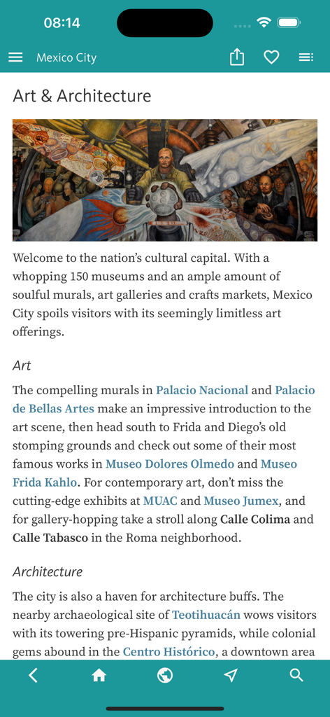 Mexico City’s Best: Trip Guide - Art and Architecture section of the Mexico City travel guide app featuring a mural by Diego Rivera