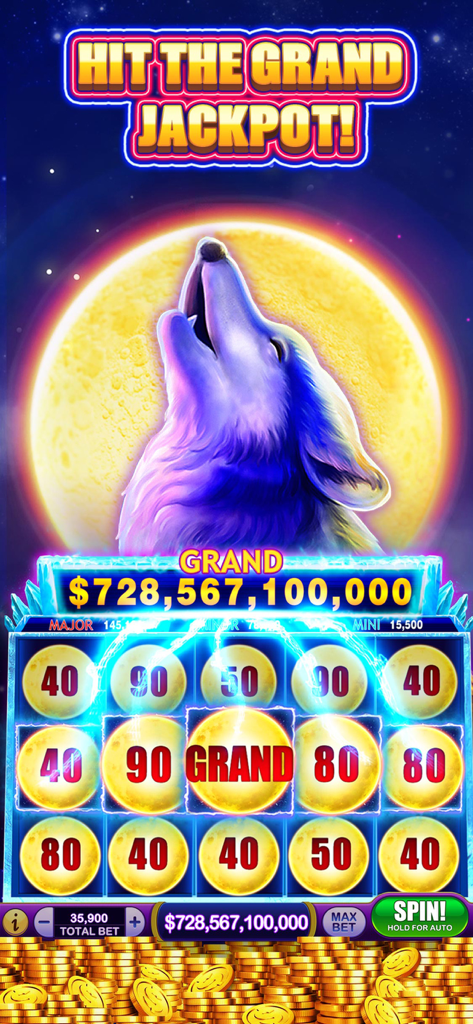 Uno schermo di Cashmania Slots che mostra il gioco Howling Gold con un lupo ululante e una massiccia vincita di jackpot.