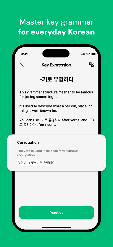 Seyo: Speak Korean Confidently - A mobile screen from the Seyo app showing a grammar lesson for a Korean key expression with an explanation and practice button.
