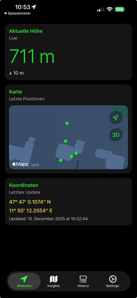 Altimeter Elevation Watch - Altimeter app interface displaying current altitude of 711 meters along with GPS coordinates and location map