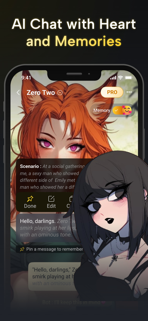Interface de l'application mobile Fantasia AI montrant un chat de personnage d'anime avec la fonction mémoire activée.
