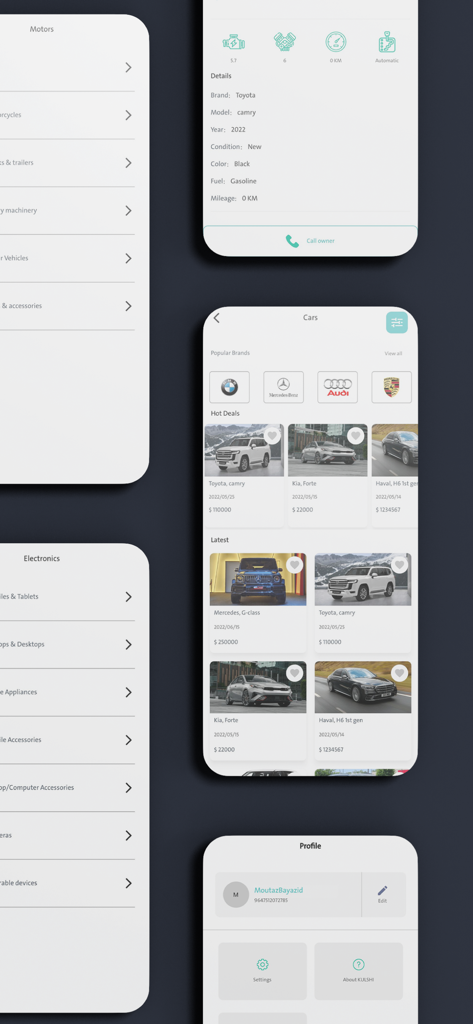 Kulshi Online كلشي اونلاين - Kulshi Online marketplace app interface showing car listings categories and user profile
