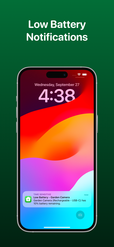 HomeBatteries for HomeKit - An iPhone lock screen displaying a time sensitive low battery notification for a HomeKit garden camera.