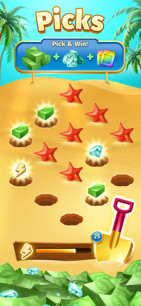 Bingo Bling™  Win Real Cash - Un minijuego con temática de playa en Bingo Bling donde los jugadores cavan en la arena para ganar premios en efectivo y diamantes.