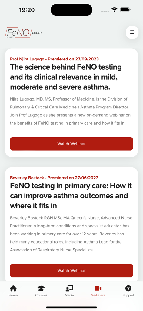 Lista de webinars médicos sobre asma e testes de FeNO no aplicativo FeNO Learn.