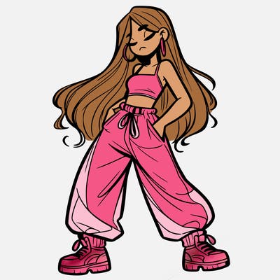 girl in baggy pants crop top and long hair