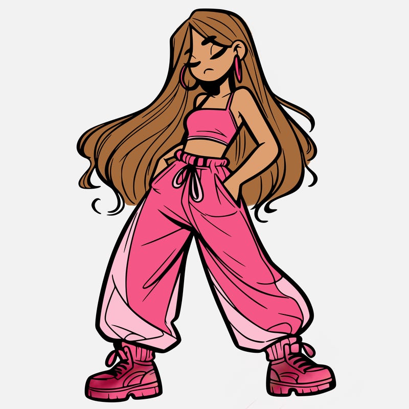 girl in baggy pants crop top and long hair