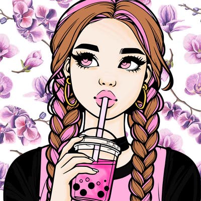 realistic girl with braided hair drinking boba