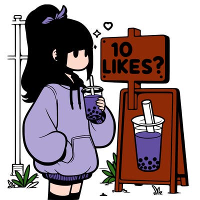 girl with oversized hoodie drinking boba and she has a high ponytail with a sign that says 10likes?