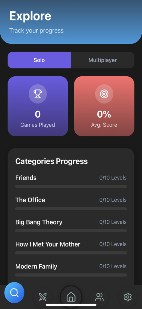 Sitcom QuizUp - App screen showing user progress for sitcom trivia categories like Friends and The Office