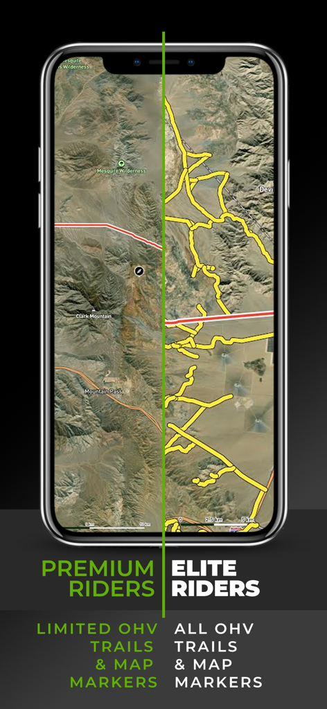 OnPoint Trails: OHV Trail Map - Side by side comparison of OHV trail access between Premium and Elite subscription plans