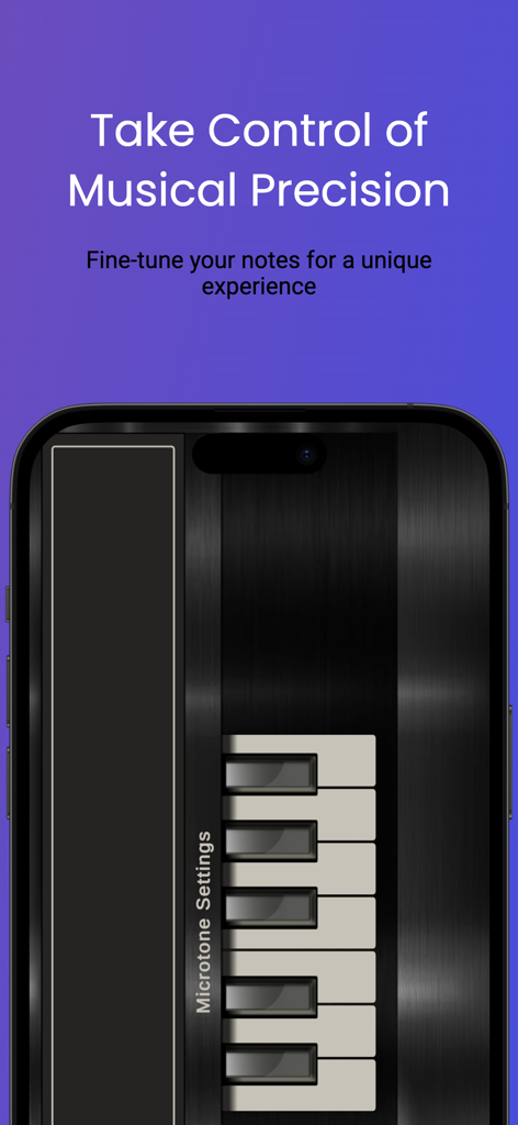 Mobile Org 2025 App-Oberfläche mit Mikroton-Einstellungen für präzise musikalische Stimmung auf einer Tastatur
