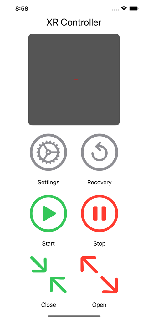 XR-Controller - Interface principale de l'application XR-Controller montrant les contrôles de suivi spatial et les paramètres développeur