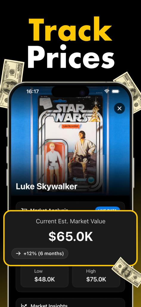 Toyzie AI: Toy Value Scanner - Toyzie AI app interface displaying market value and price trends for a vintage Star Wars action figure