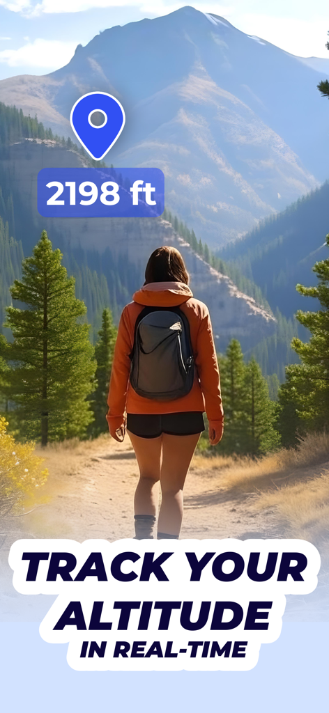 Elevation Tracker: Altitude - Hiker on a mountain trail showing real-time altitude tracking in feet