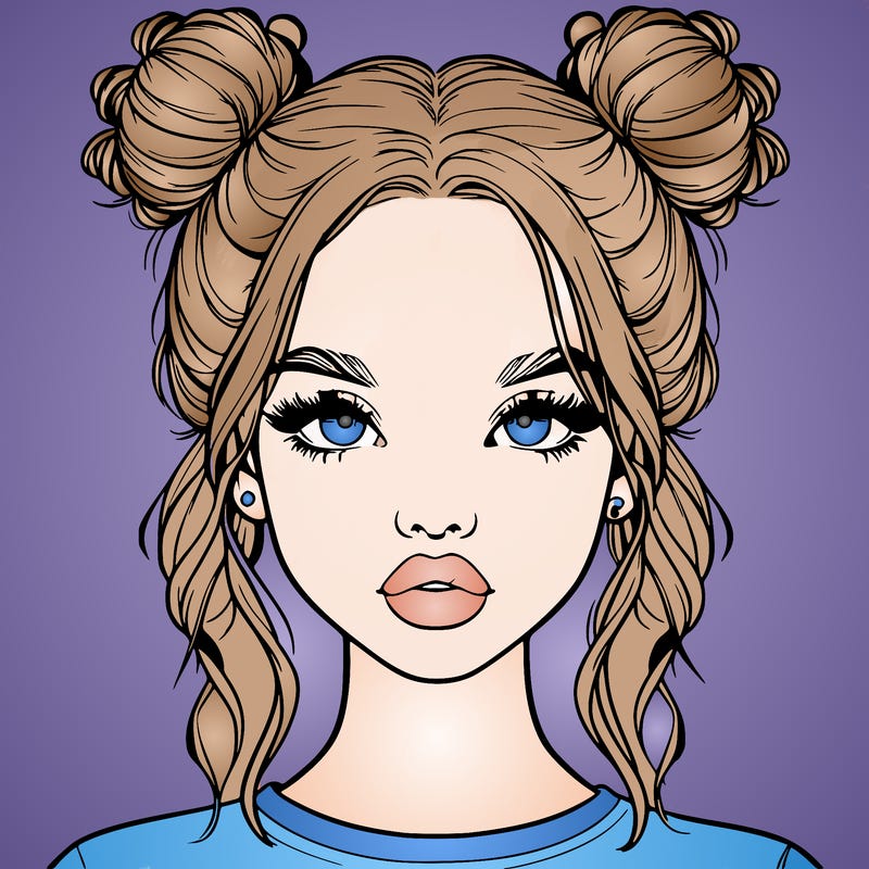 realistic girl with two buns in hair and lips