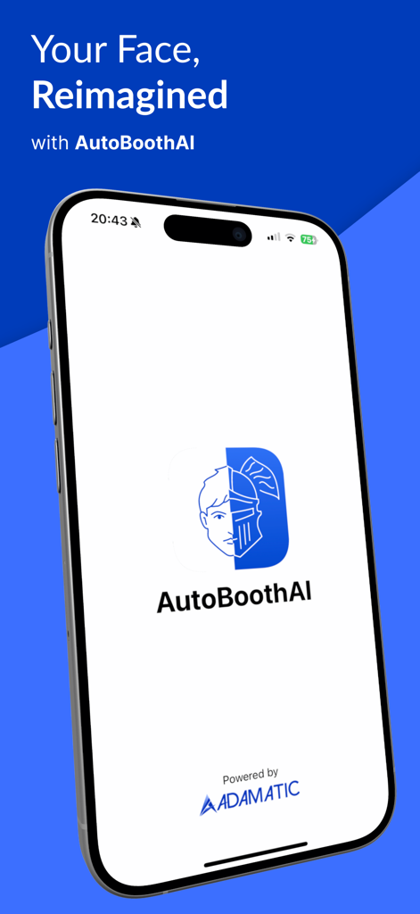 AutoBoothAI: AI Photo Booth - AutoBoothAIアプリのスプラッシュスクリーン。ブランドロゴと「Your Face Reimagined」というタグラインが表示されています。