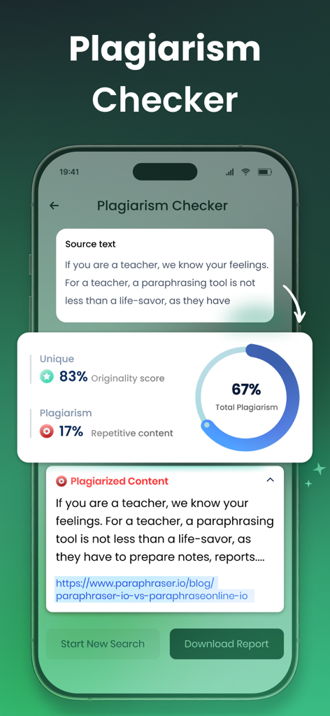 Uma tela de smartphone mostrando o recurso de verificador de plágio com uma porcentagem de originalidade e links de origem.