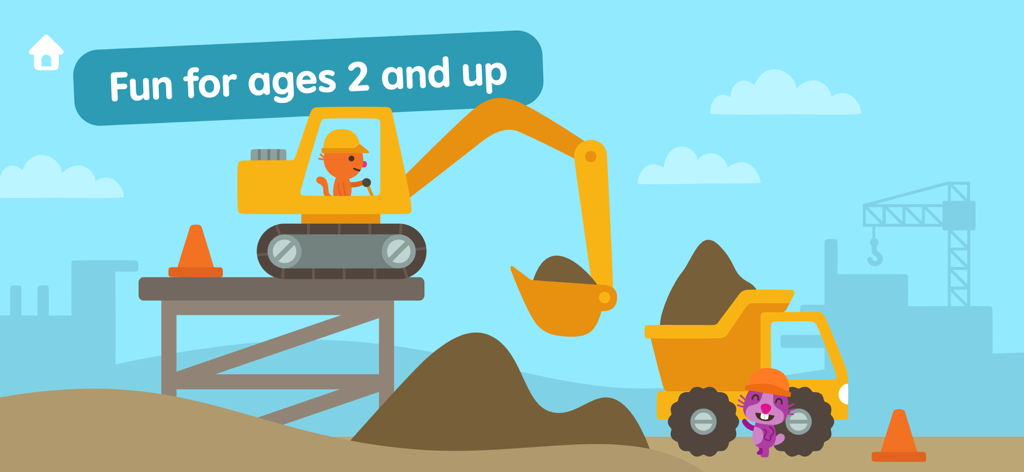 Gato de dibujos animados conduciendo una excavadora y animal morado con un volquete en una obra