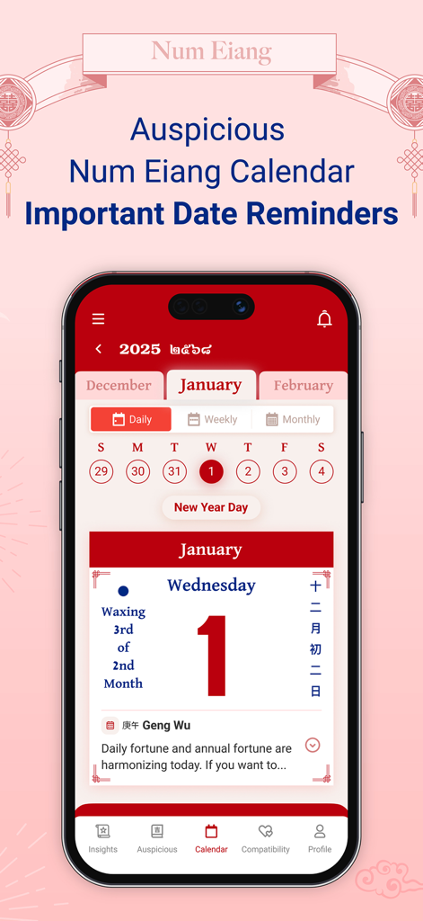 Daily calendar view of the Num Eiang Astrolendar app showing auspicious dates and fortunes