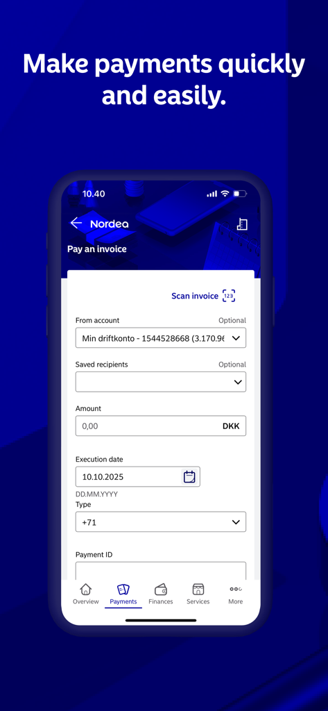 A screenshot of the Nordea Business DK app showing the pay an invoice interface with fields for account selection, amount, and execution date.