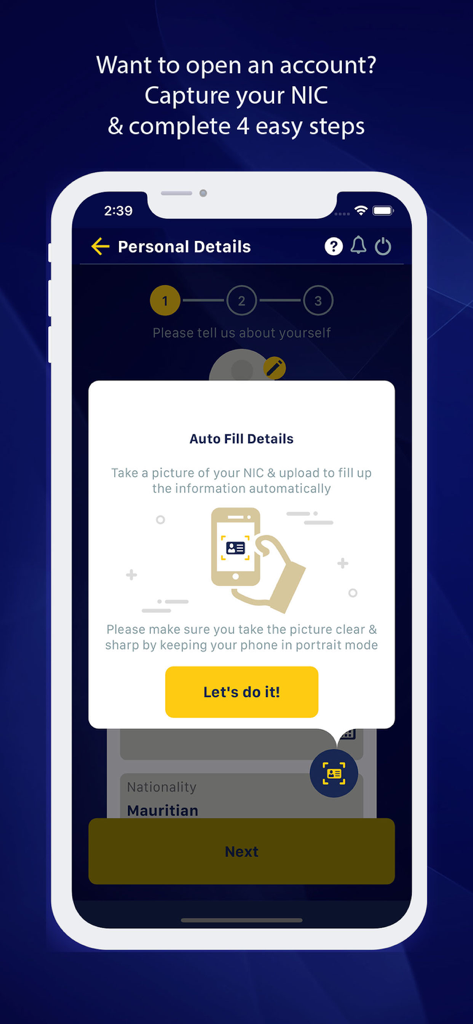 Mobile app screen showing a prompt to scan a National Identity Card for automated bank account opening.