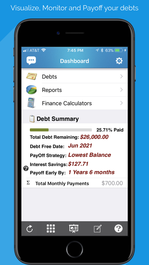 Debt Free - Pay Off your Debt - Dashboard of the Debt Free app showing a debt summary with progress bar and payoff strategy