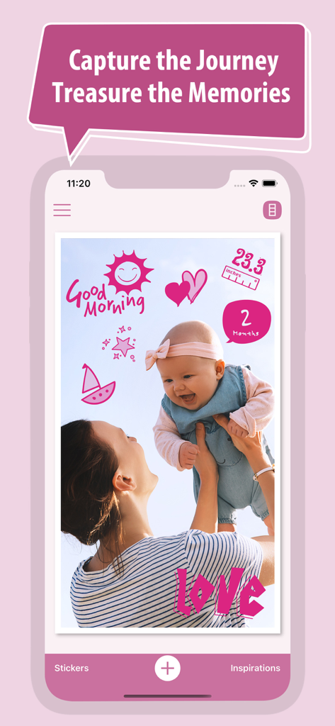 A photo of a mother and baby edited with pink milestone stickers and text in the app interface