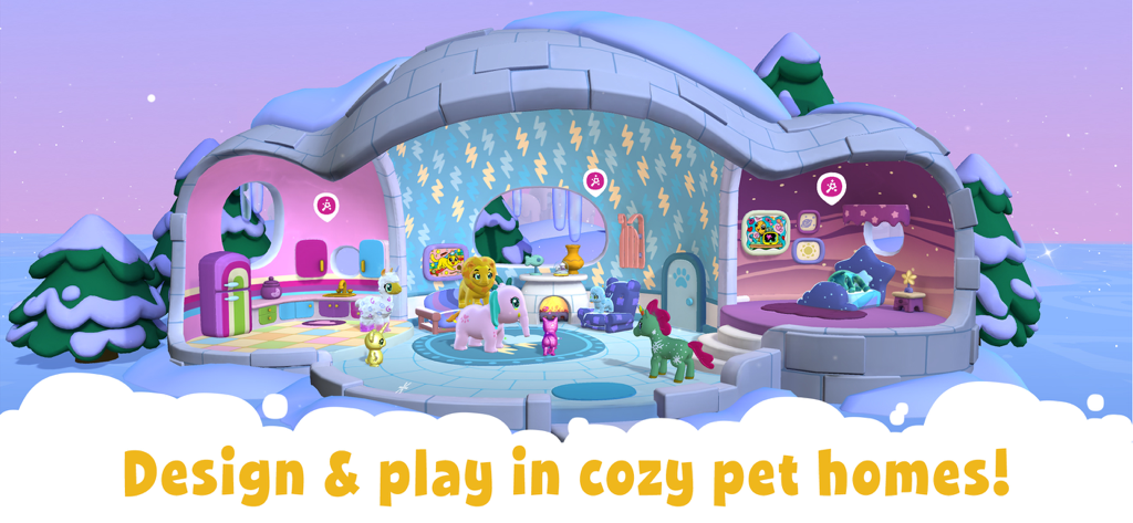 Animali domestici digitali in una colorata casa a tema igloo nell'app Crayola Scribble Scrubbie Pets