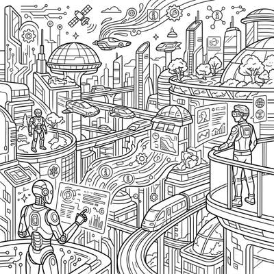 Immerse yourself in a vision of tomorrow with this intricate Technology and Futurism coloring page. Discover a dynamic cityscape filled with advanced technology and robotic life, ready for your creative touch.