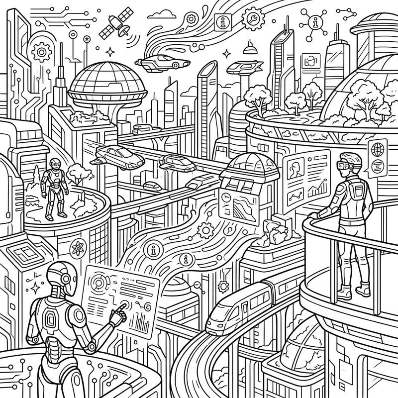 Immerse yourself in a vision of tomorrow with this intricate Technology and Futurism coloring page. Discover a dynamic cityscape filled with advanced technology and robotic life, ready for your creative touch.