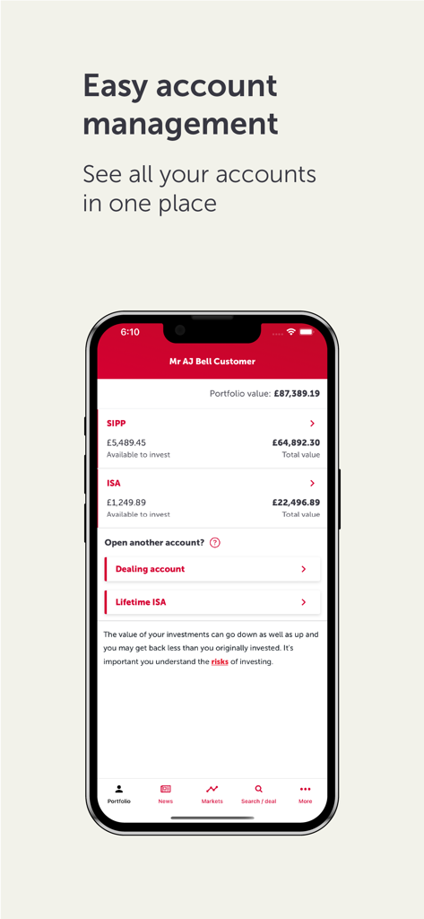 AJ Bell - AJ Bell mobile app showing an investment portfolio overview with SIPP and ISA account balances