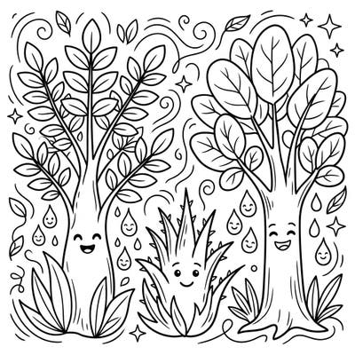 Dive into a charming botanical adventure with this coloring page, featuring happy frankincense, myrrh, and benzoin plants, alongside their smiling resin drops. Designed for kids aged 4-8, it offers a delightful and educational coloring experience.