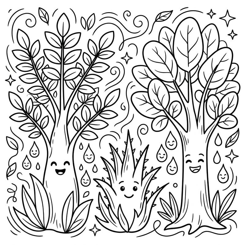Dive into a charming botanical adventure with this coloring page, featuring happy frankincense, myrrh, and benzoin plants, alongside their smiling resin drops. Designed for kids aged 4-8, it offers a delightful and educational coloring experience.