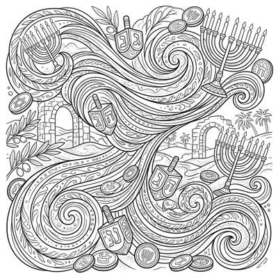 Journey into a captivating world where the desert winds of the Sirocco meet the joyous spirit of Hanukkah. This intricate coloring page blends swirling patterns with traditional symbols like menorahs, dreidels, and gelt, offering a unique artistic challenge.