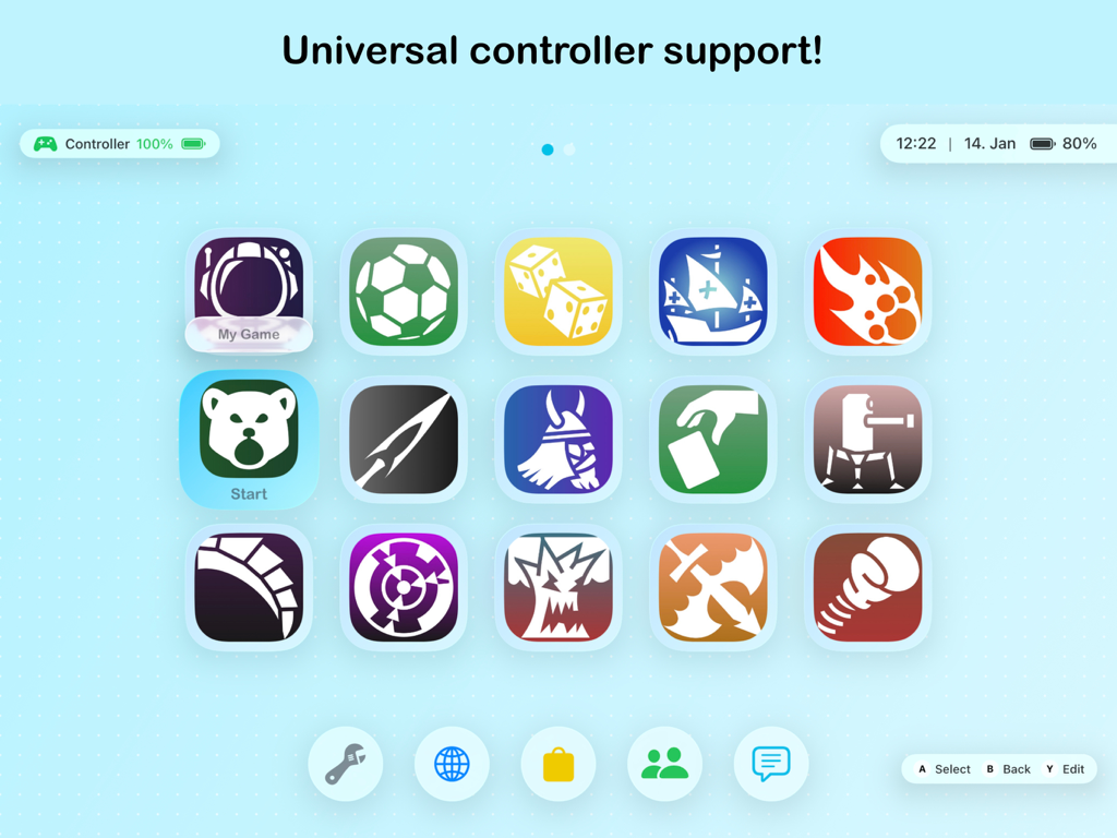 LudiHub - LudiHub app interface on iPad displaying universal controller support and a grid of games