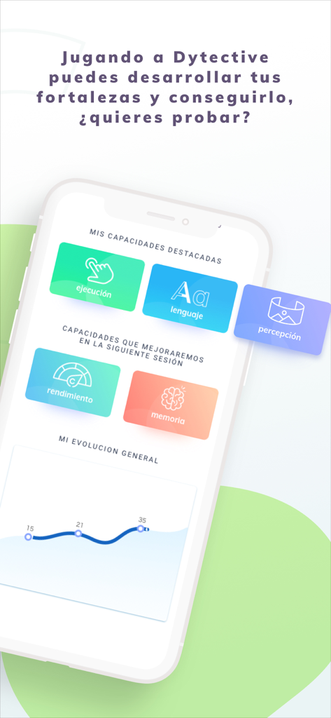 Dytective para la dislexia - Tableau de bord de l'application Dytective montrant des catégories de compétences cognitives et un graphique général d'évolution des progrès