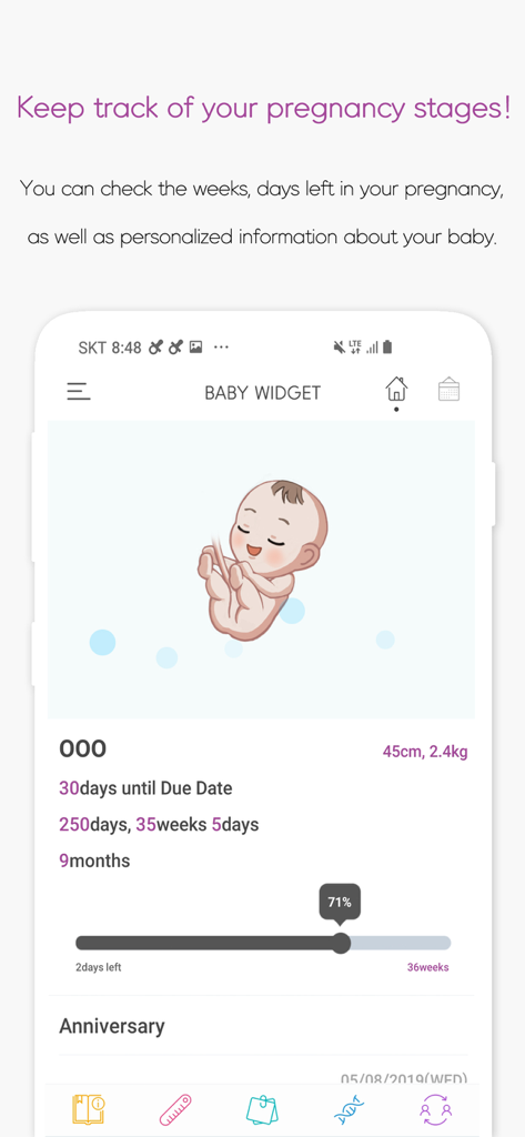 Pregnancy tracking interface showing weeks and days left until due date with a fetal illustration.
