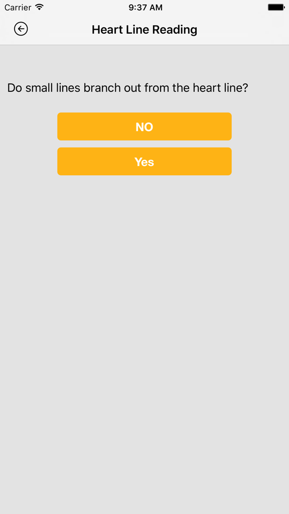 Palm Reader - Scan Your Future - A screen from the Palm Reader app asking a question about the heart line with yellow Yes and No buttons