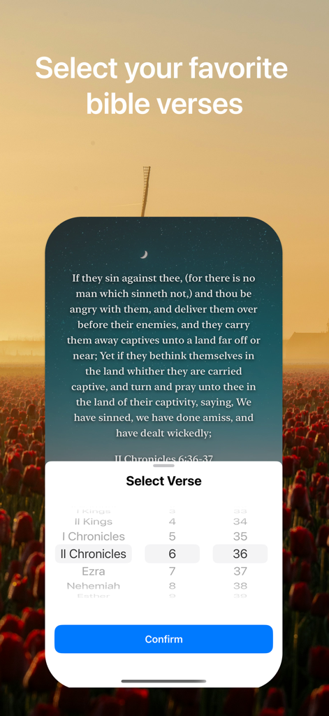 Bible Verse Lock Screen - Interface for selecting a Bible book chapter and verse to display on the lock screen