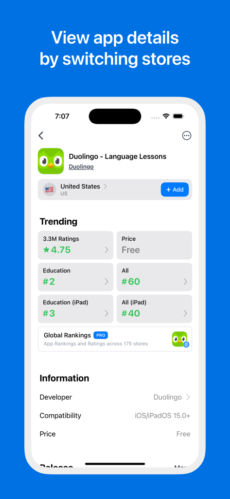 Appboard: Global App Rankings - Interface showing global app rankings and category positions for different regional stores