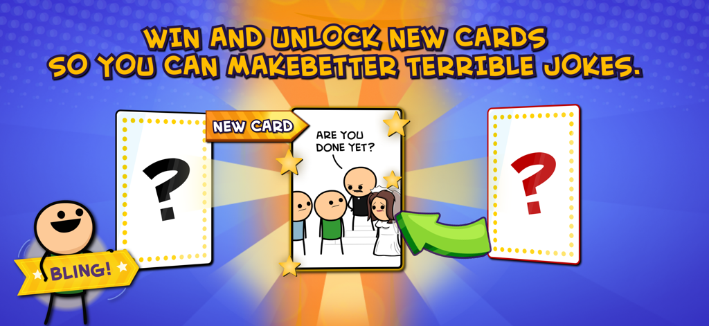 A screenshot of Joking Hazard Official showing how players can win and unlock new comic cards