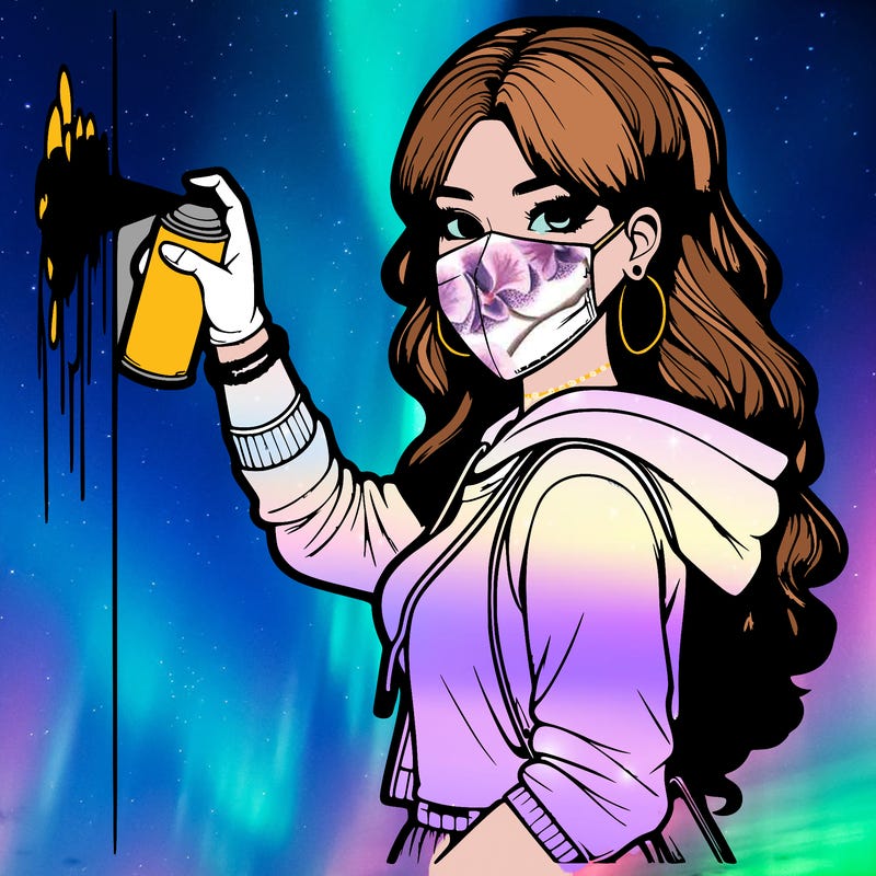 realistic girl with mask spray painting a wall