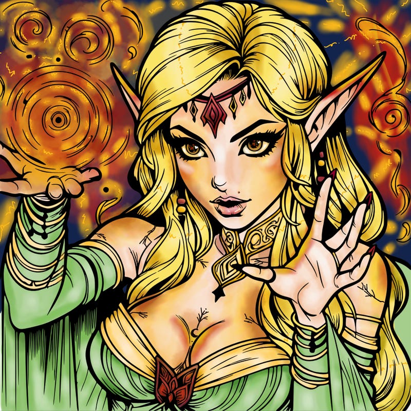 realistic scary beautiful elf sorceress casting spell