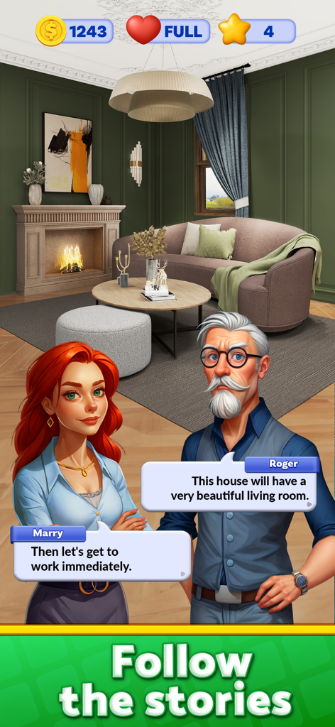 Dream Design:Travel & Decorate - Marry and Roger characters discussing interior design in an elegant living room