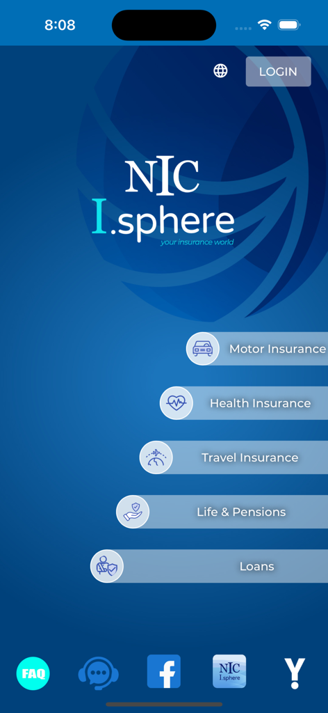 NIC I.sphere - NIC I.sphere app interface with options for motor health and travel insurance