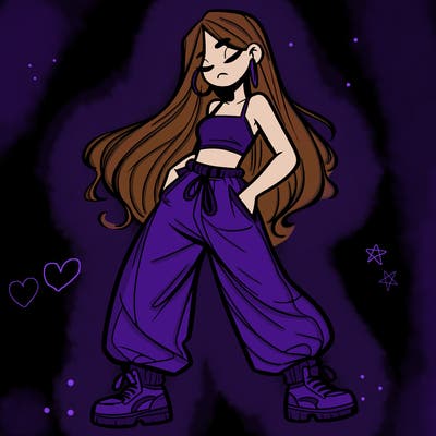 girl in baggy pants crop top and long hair